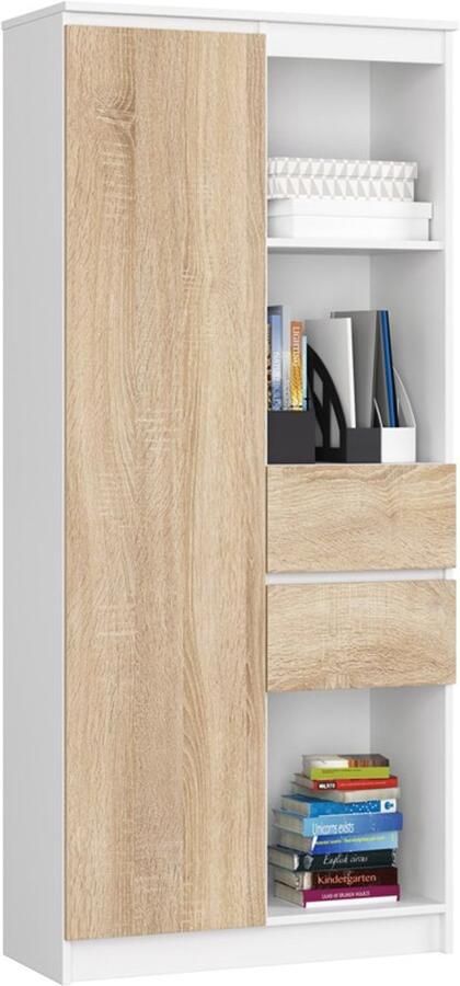 Akord Kantoorkast R15 R80 met 2 Lades en 1 Deur Furniture Factory Wit – Sonoma Eik 80 x 180 x 35 cm