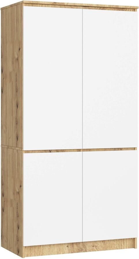 Akord Kledingkast S90 4D Artisaan Eik Wit Moderne 180x90x51 cm Staande Opbergkast met 4 Draaideuren Laminaat Mat Afwerking Zelfassemblage Duurzame ABS Randafwerking