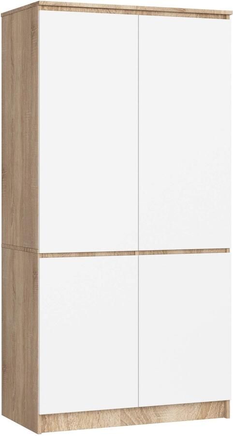 Akord Garderobekast S90 4D in Sonoma Eiken en Mat Wit – Stijlvolle Vrijstaande Kast met 4 Deuren en 4 Planken – Eenvoudig Zelf te Monteren – Hoogwaardige Gelamineerde Plaat voor Duurzaamheid