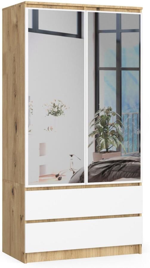 Akord Kledingkast S90 met Spiegel 2 Deuren en 2 Lades Furniture Factory Artisan Eik Wit 90 x 180 x 51 cm