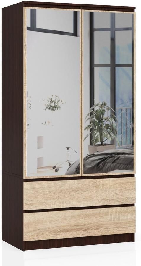 Akord Kledingkast S90 met Spiegel 2 Deuren en 2 Lades Furniture Factory Venge Sonoma Eik 90 x 180 x 51 cm