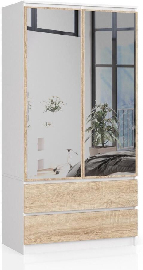 Akord Kledingkast S90 met Spiegel 2 Deuren en 2 Lades Furniture Factory Wit – Sonoma Eik 90 x 180 x 51 cm