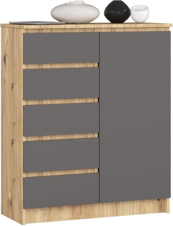 Akord Stijlvolle Staande Kast Artisan Eik en Grafietgrijs 80x97x35 cm Eenvoudig Zelfmontage 5 Lades 1 Deur 3 Planken Praktische Blokkeerfunctie Mat Afwerking