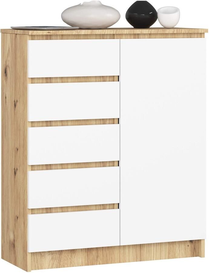 Akord Artisan Eiken Witte Commode K80 met 5 Laden en 1 Deur Zelfmontage Matrame 80x97x35cm