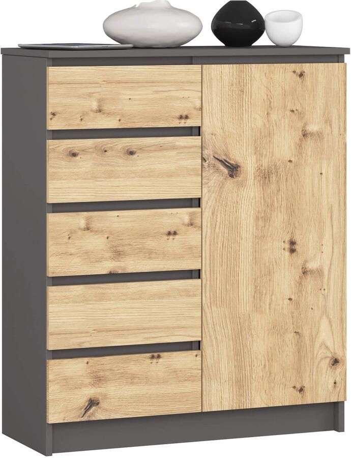 Akord Kommode K80 met 5 Lades en 1 Deur Furniture Factory Grafietgrijs Eiken 80 x 97 x 35 cm