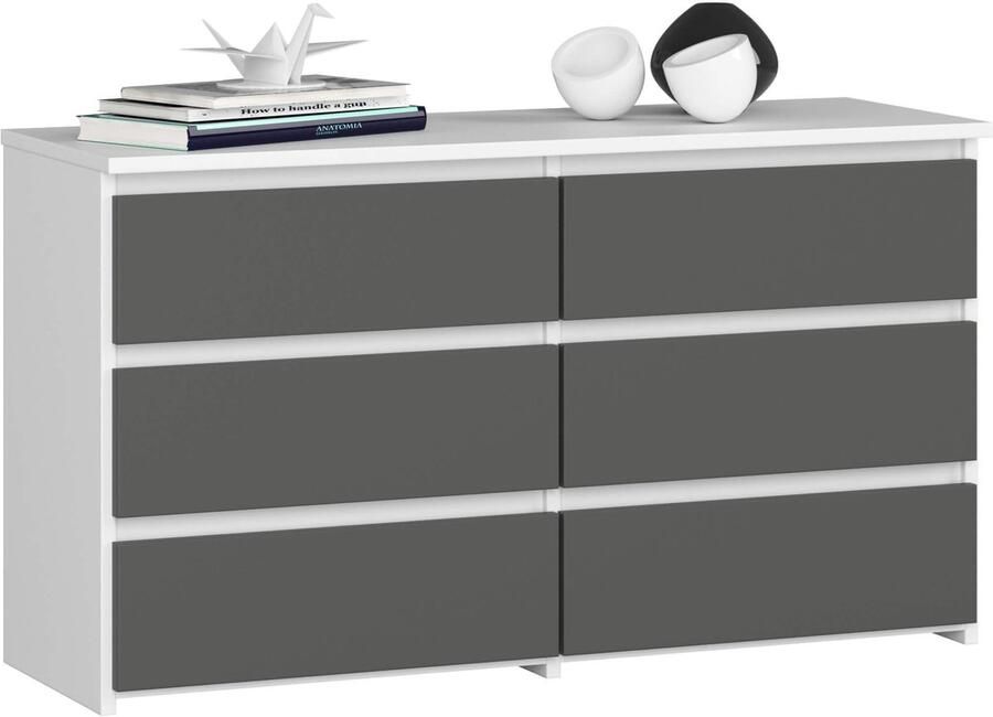 Akord Stijlvolle Witte en Grijze Kommode met 6 Lades van Gelamineerd Spaanplaat Zelfmontage ABS Randafwerking Moderne Mat Afwerking