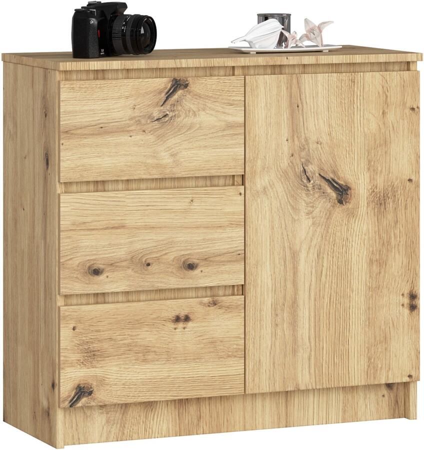 Akord Jerry Dressoir 1D 3L in Ambachtelijk Eiken Moderne Zelfmontageoplossing voor Stijlvolle Opslag 80x77x35 cm Massief Gelamineerd Inclusief Ladevergrendeling en ABS-Randen Tijdloze Mat Afwerking