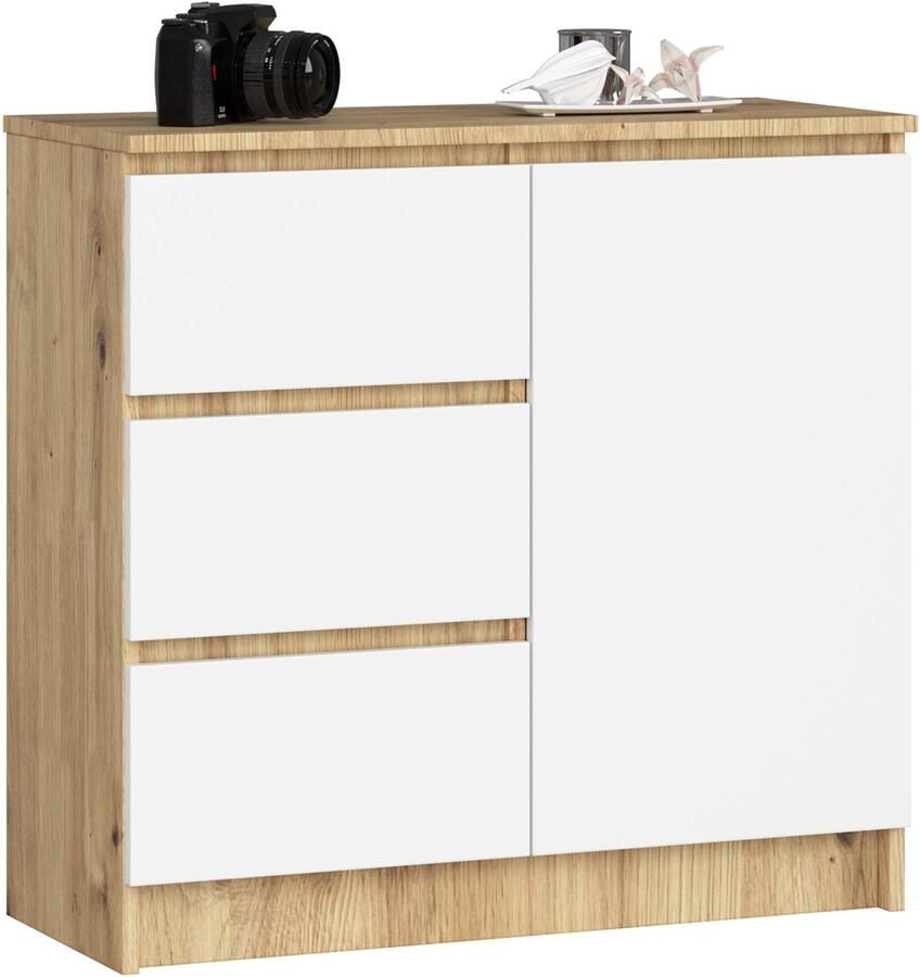 Akord Jerry Dressoir K80 1D 3L Artisan Eiken Wit Modern Laminaten Kast met ABS Afwerking 80x77x35 cm Zelfmontage Mat Wit Front & Artisan Eiken Korpus Stijlvolle Opslagoplossing