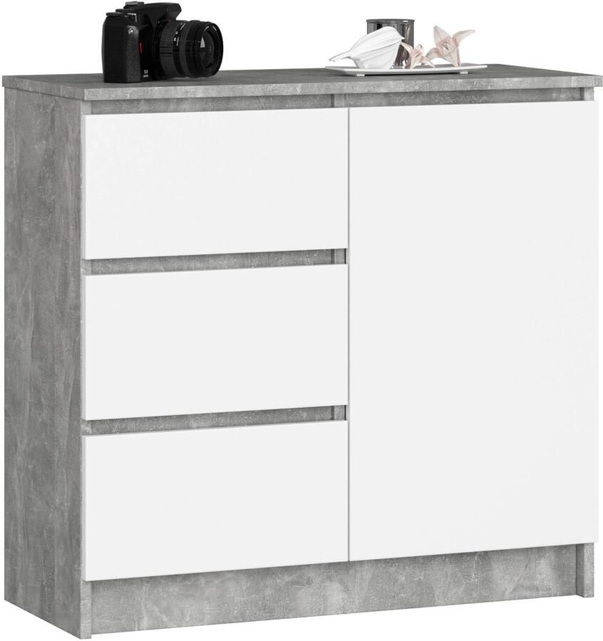 Akord Jerry K80 Dressoir met 3 Laden en 1 Deur in Beton en Wit Laminated Board Zelfmontage 80x77x35 cm