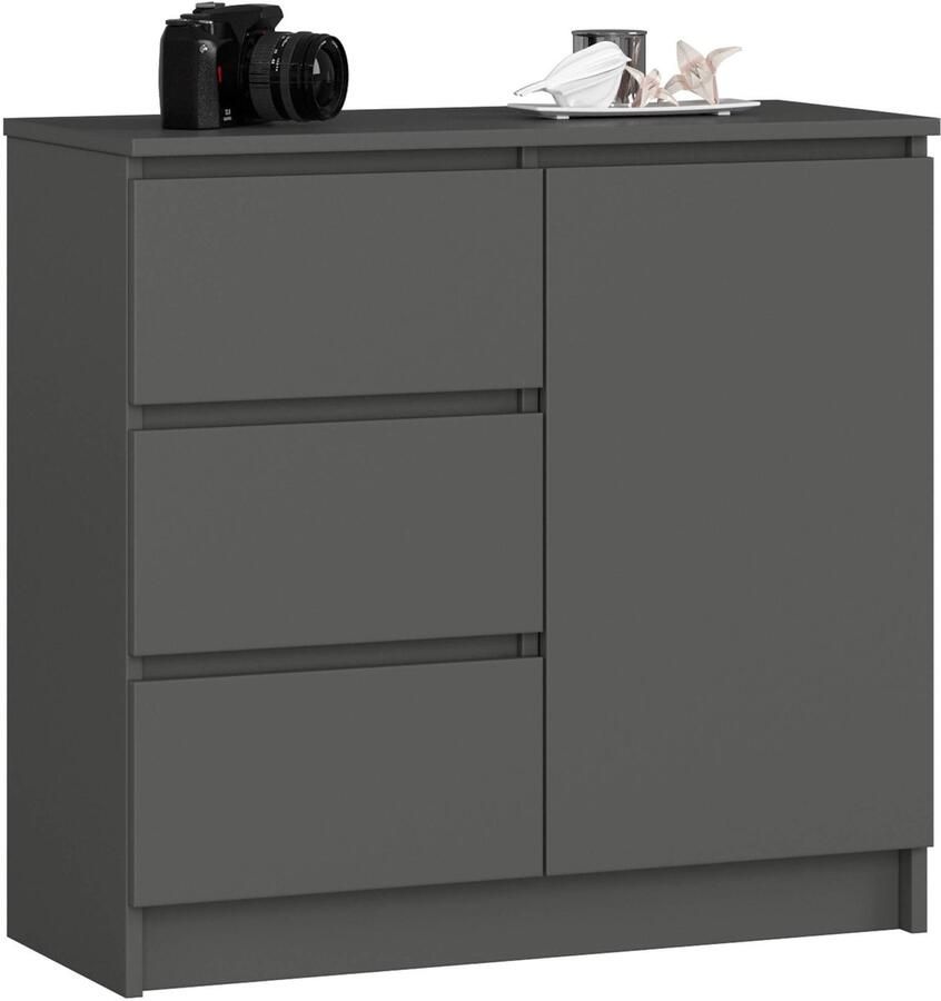 Akord Ladekast JERRY met 3 Lades en 2 Deuren Furniture Factory Grafietgrijs 80 x 77 x 35 cm