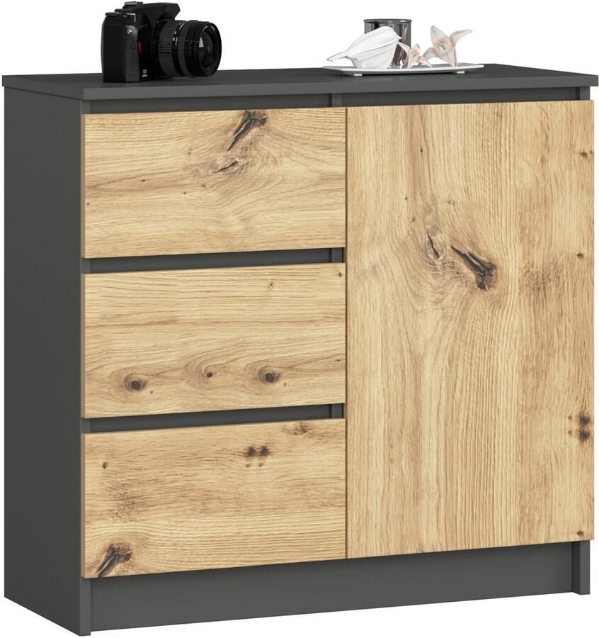Akord Ladekast JERRY met 3 Lades en 2 Deuren Furniture Factory Grafietgrijs Eiken 80 x 77 x 35 cm