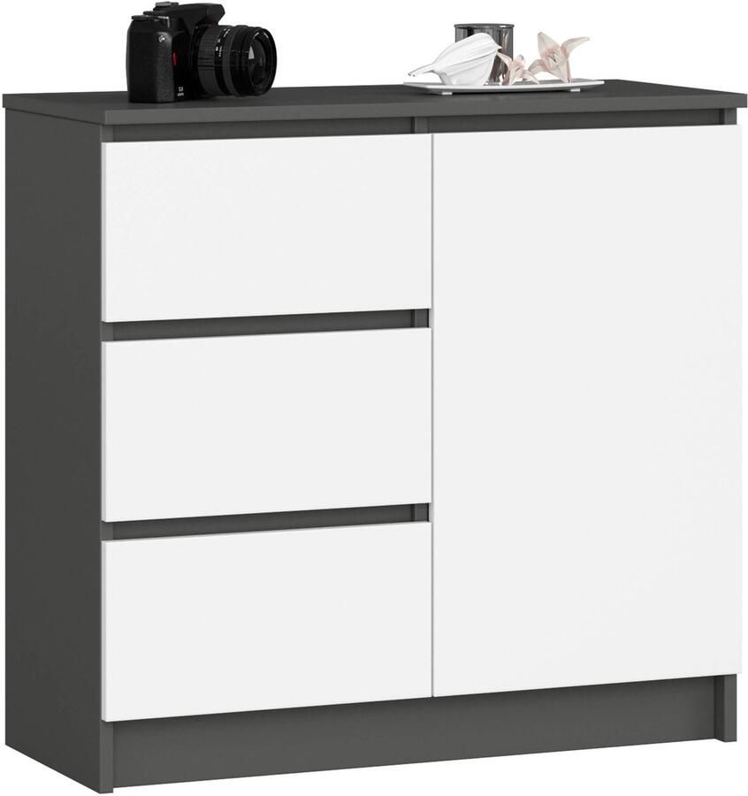 Akord Ladekast JERRY met 3 Lades en 2 Deuren Furniture Factory Grafietgrijs Wit 80 x 77 x 35 cm