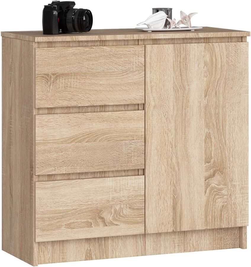 Akord Ladekast JERRY met 3 Lades en 2 Deuren Furniture Factory Sonoma Eik 80 x 77 x 35 cm