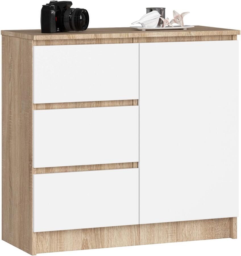 Akord Ladekast JERRY met 3 Lades en 2 Deuren Furniture Factory Sonoma Eik Wit 80 x 77 x 35 cm