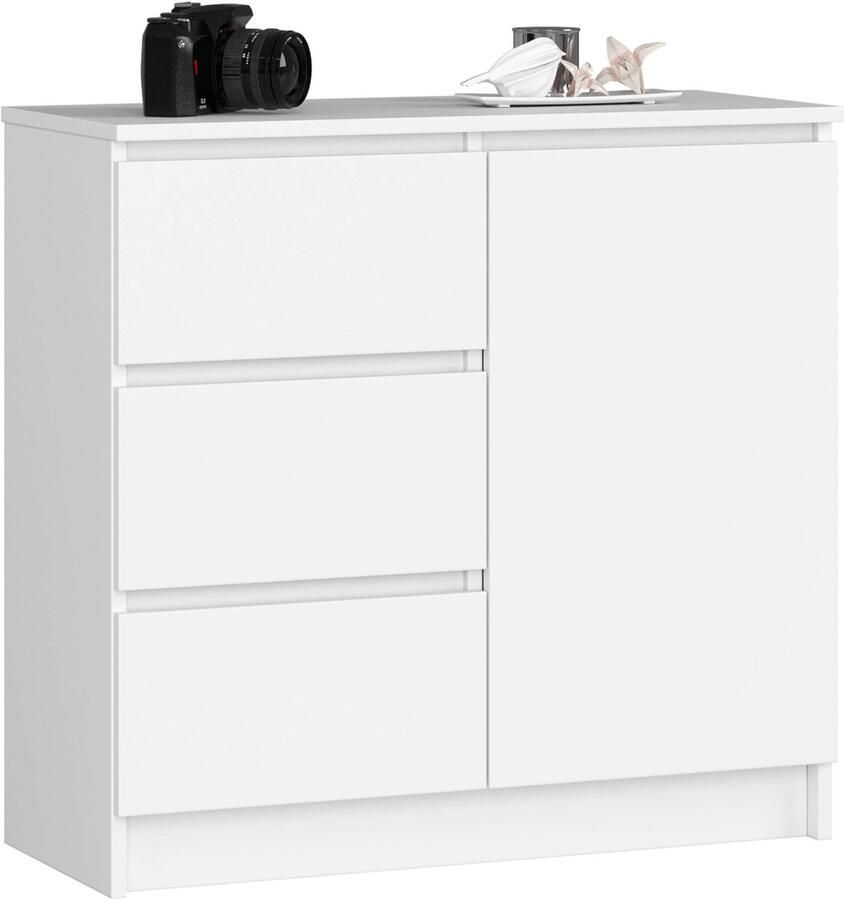 Akord Ladekast JERRY met 3 Lades en 2 Deuren Furniture Factory Wit 80 x 77 x 35 cm