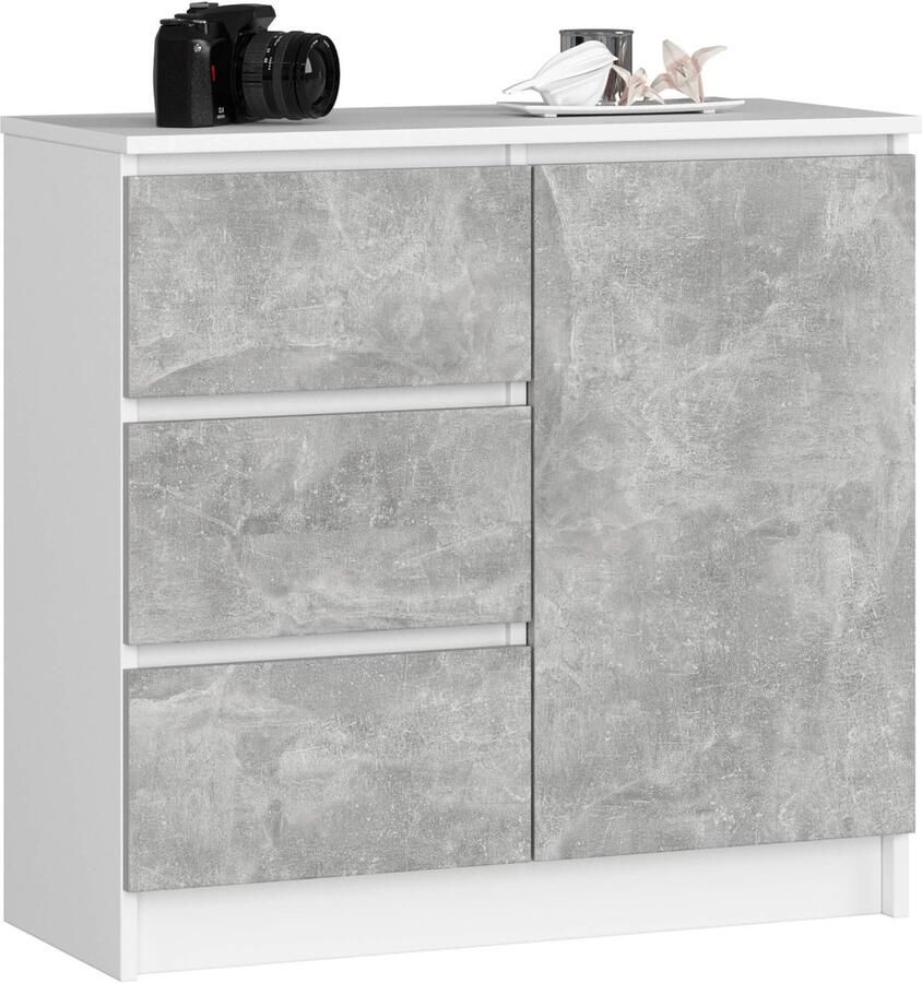 Akord Ladekast JERRY met 3 Lades en 2 Deuren Furniture Factory Wit – Beton Grijs 80 x 77 x 35 cm