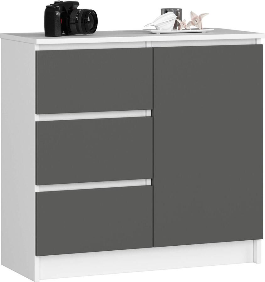 Akord Ladekast JERRY met 3 Lades en 2 Deuren Furniture Factory Wit Grafietgrijs 80 x 77 x 35 cm
