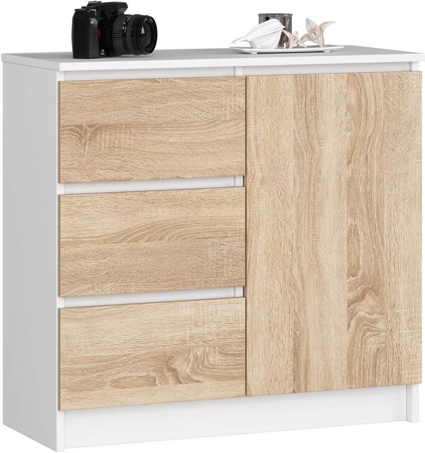 Akord Ladekast JERRY met 3 Lades en 2 Deuren Furniture Factory Wit – Sonoma Eik 80 x 77 x 35 cm