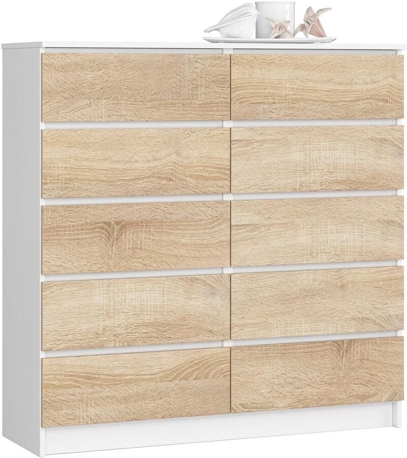 Akord Ladekast K120 met 10 Lades Furniture Factory Wit – Sonoma Eik 120 x 121 x 40 cm