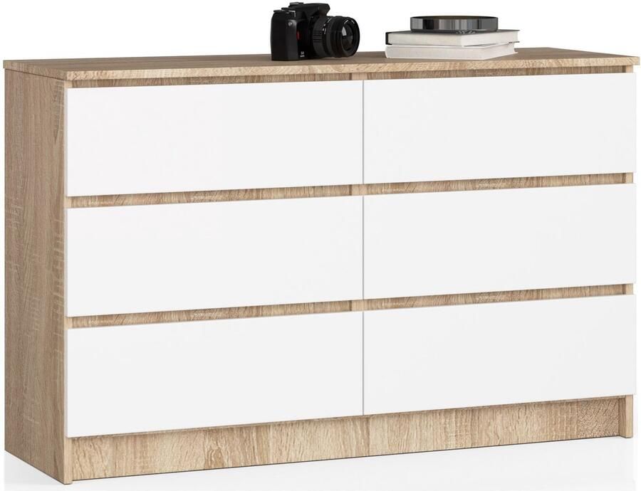 Akord Ladekast K120 met 6 Lades Furniture Factory Sonoma Eik Wit 120 x 77 x 40 cm