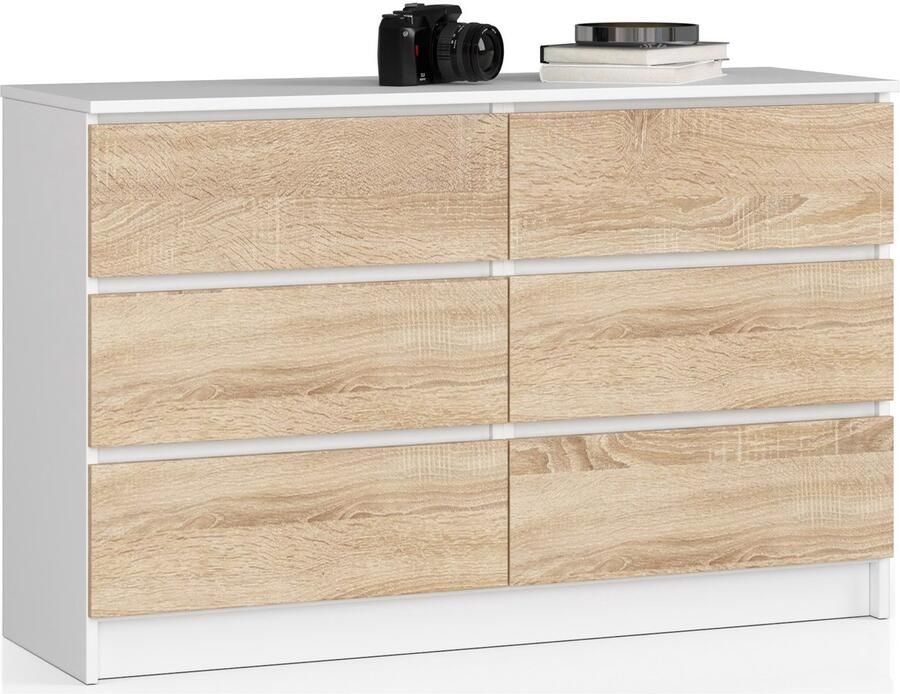 Akord Ladekast K120 met 6 Lades Furniture Factory Wit – Sonoma Eik 120 x 77 x 40 cm