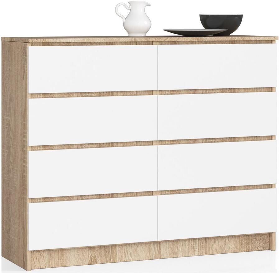 Akord Ladekast K120 met 8 Lades Furniture Factory Sonoma Eik Wit 120 x 99 x 40 cm