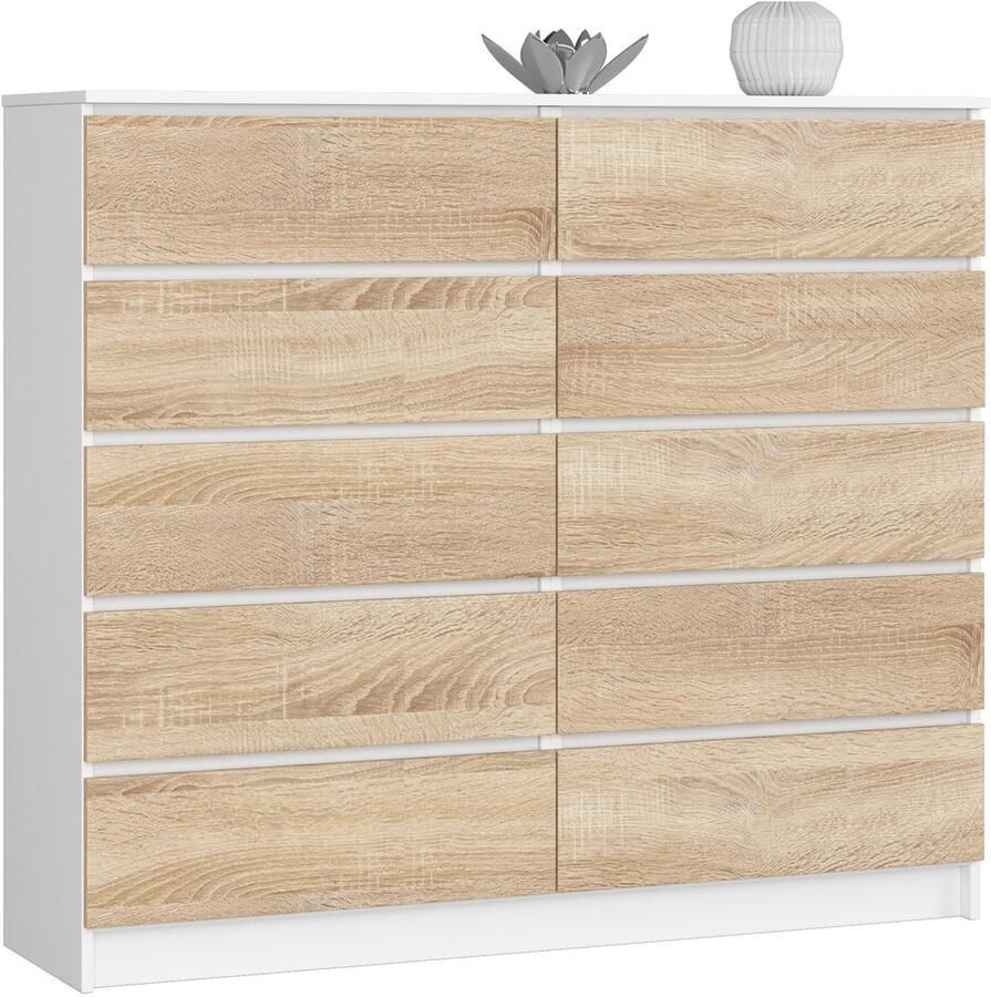 Akord Ladekast K140 met 10 Lades Furniture Factory Wit – Sonoma Eik 138 x 121 x 40 cm