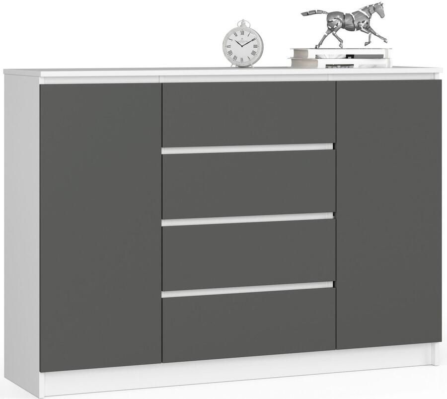 Akord Ladekast K140 met 4 Lades en 2 Deuren Furniture Factory Wit Grafietgrijs 138 x 99 x 40 cm