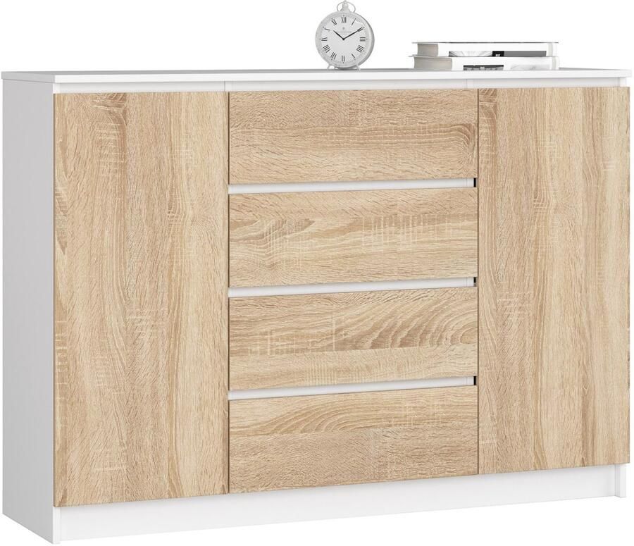Akord Ladekast K140 met 4 Lades en 2 Deuren Furniture Factory Wit – Sonoma Eik 138 x 99 x 40 cm