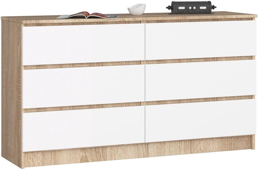 Akord Ladekast K140 met 6 Lades Furniture Factory Sonoma Eik Wit 138 x 77 x 40 cm