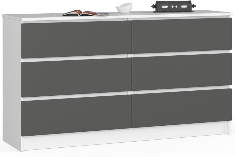 Akord Ladekast K140 met 6 Lades Furniture Factory Wit Grafietgrijs 138 x 77 x 40 cm