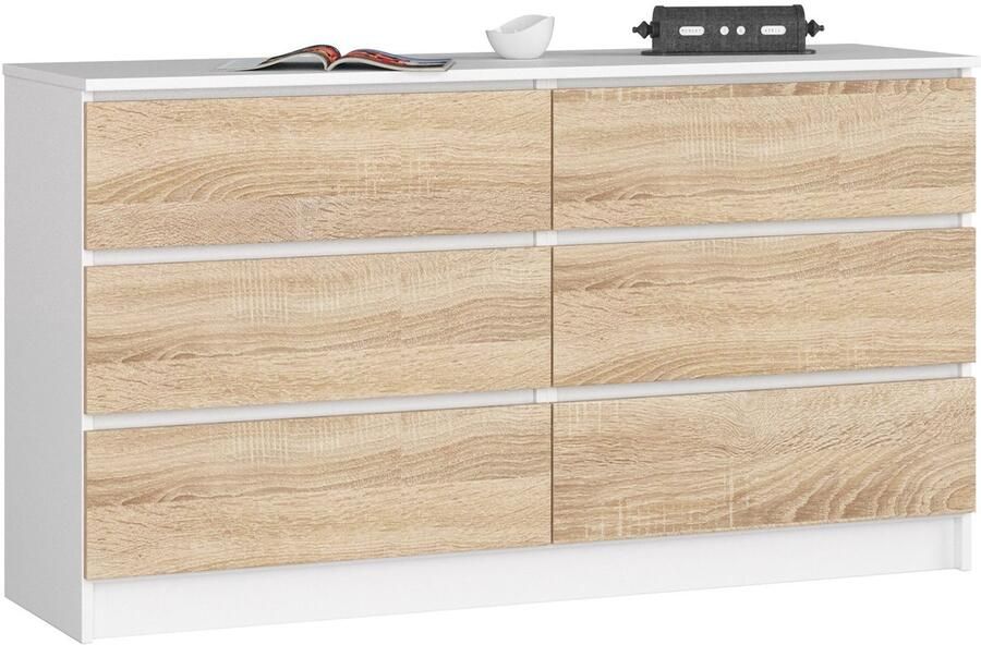 Akord Ladekast K140 met 6 Lades Furniture Factory Wit – Sonoma Eik 138 x 77 x 40 cm