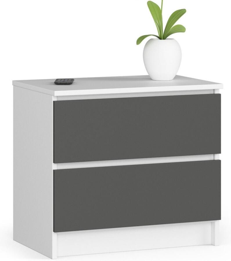 Akord Witte en Grijze Nachttafel met 2 Lades 60cm Breed Zelfmontage & Modern Design