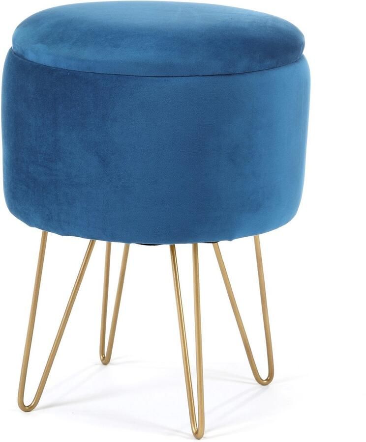 Akord Luxe Velours Opbergpoef Blauw & Gouden Stijl 35x45 cm