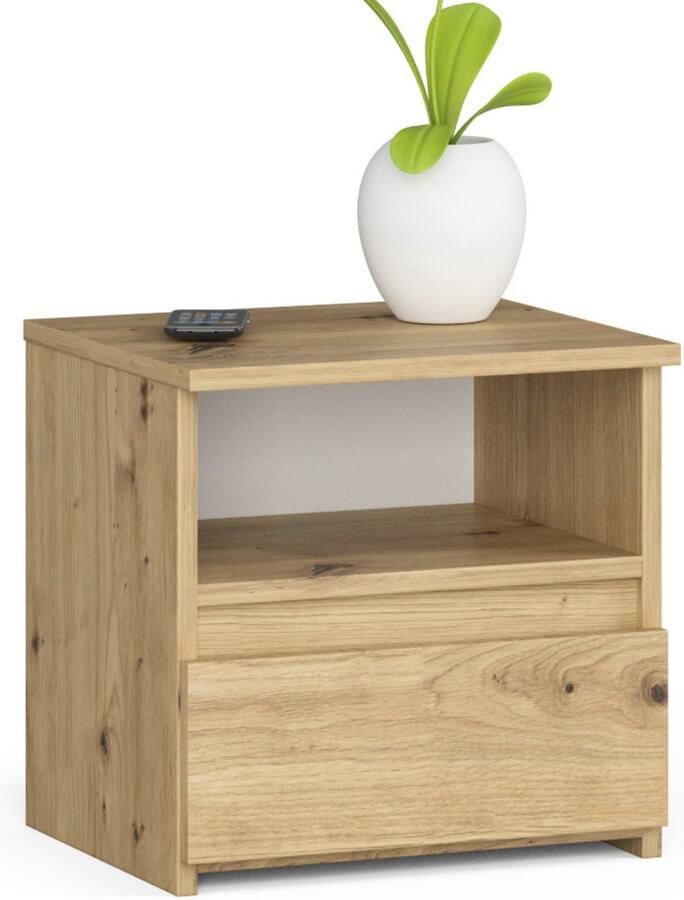 Akord Artisan Eiken Nachtkastje – Compacte 1 Lade Opbergruimte Zelf Montage ABS Afwerking