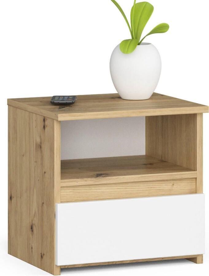 Akord Eiken Nachtkastje met Lade 40x40x35 cm Wit & Artisan Zelfmontage Mat Afwerking