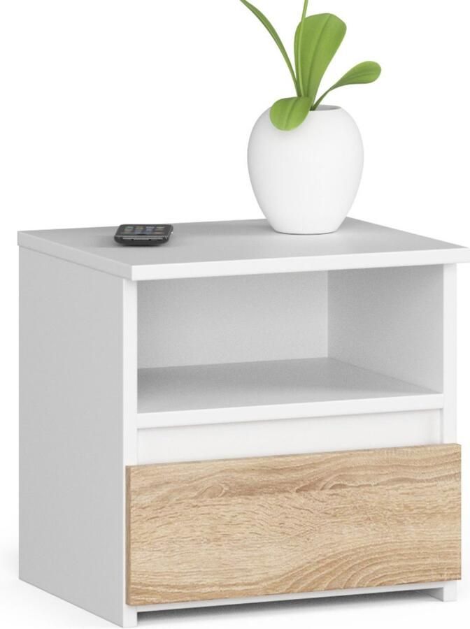 Akord Nachtkastje CL1 met 1 Lade Furniture Factory Wit – Sonoma Eik 40 x 40 x 35 cm