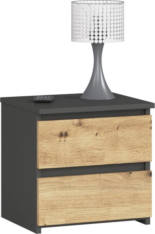 Akord Nachtkastje Stijlvol 2 Lades Grafiet Grijs Dubbel Artisan Hout 40cm Hoogte Compact en Functioneel