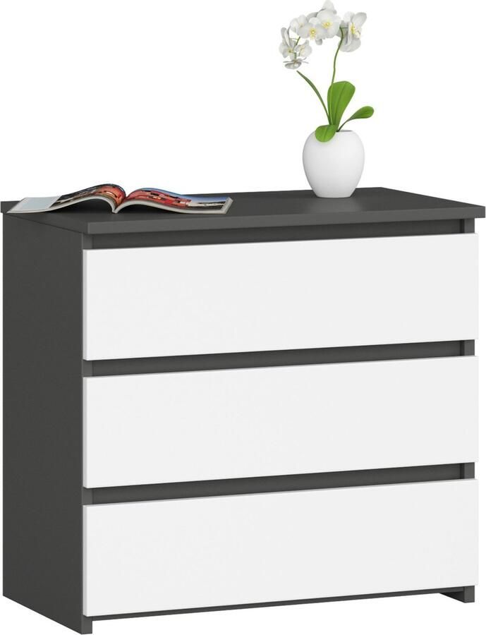 Akord Grafietgrijze Nachtkast met 3 Lades B60xH57xD35 cm Zelfmontage ABS Afwerking Mat Witte Fronten