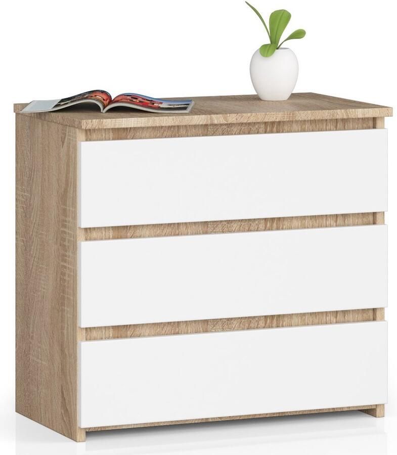 Akord Moderne Drie-lade Kast in Eiken Sonoma Wit Zelfmontage 60x57x35 cm met Ladevergrendeling