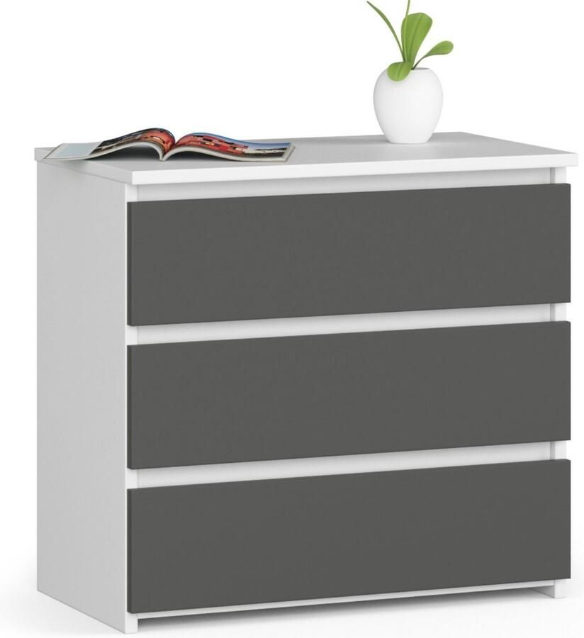 Akord Nachtkastje 60 cm met 3 Lades Wit Donkergrijs Zelfmontage ABS Afwerking 16 mm Gelamineerd Paneel