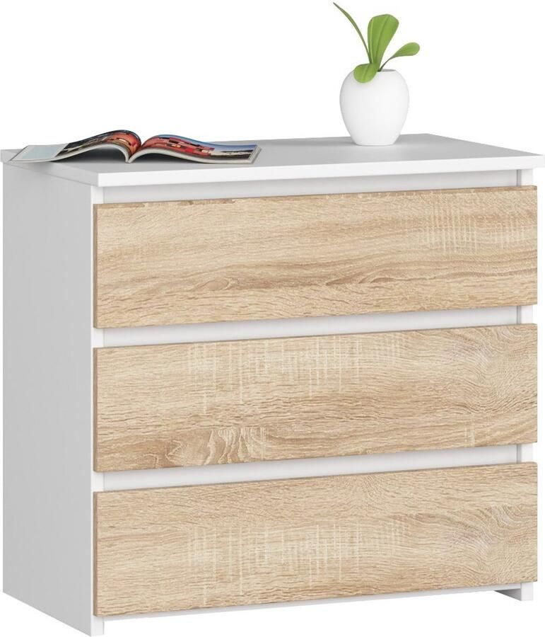 Akord Nachtkastje 60cm Wit Sonoma Eiken 3 Laden ABS Rand Zelfmontage Mat Witte Korpus & Dubbeltint Front