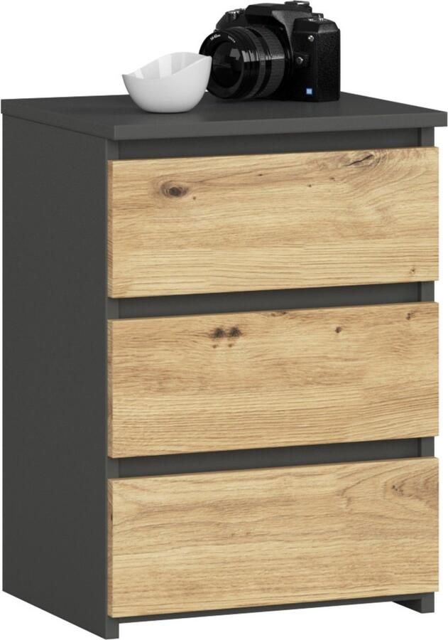 Akord Grafietgrijze & Eiken Houten Ladekast 40x57 cm 3 Lades met ABS Randen Zelfmontage Stijlvol Design