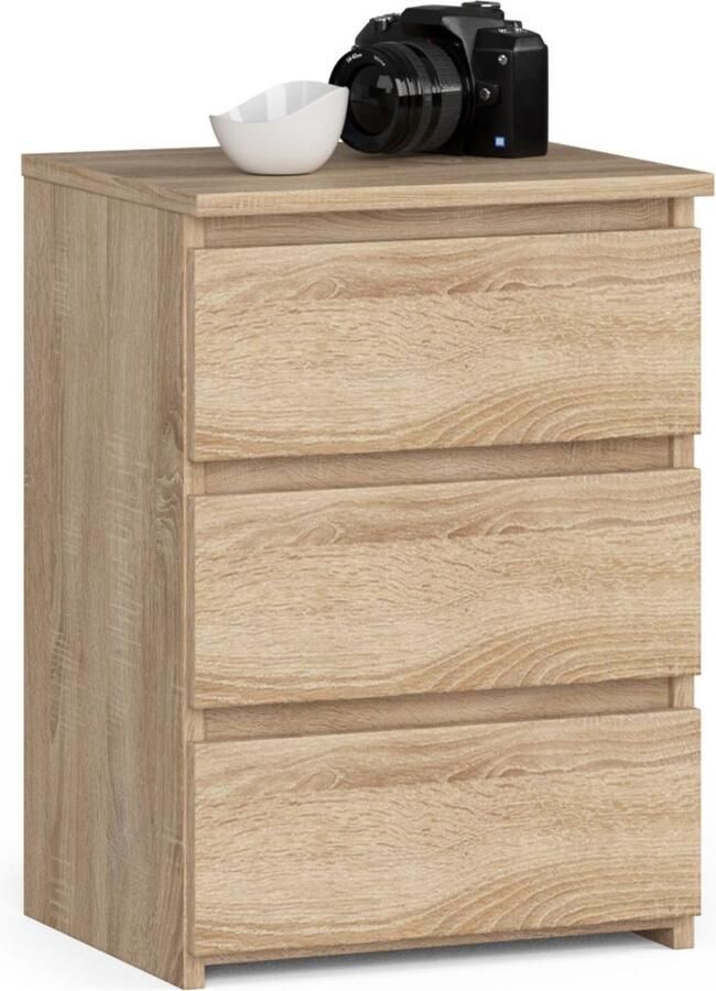 Akord Sonoma Eiken Nachtkastje met 3 Laden – Modern Design en Zelfmontage – 40x57x35 cm