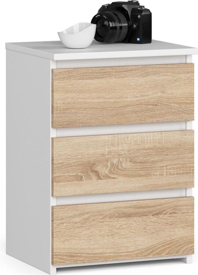 Akord Nachtkastje CL3 40 met 3 Lades Furniture Factory Wit – Sonoma Eik 40 x 57 x 35 cm