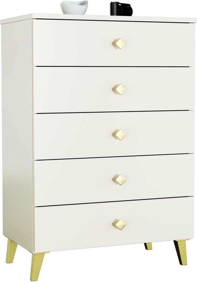 Akord Nachtkastje MOBI Kasjmier met 5 Lades Furniture Factory Kasjmierkleur met Gouden Handvatten 60 x 89 x 37 cm