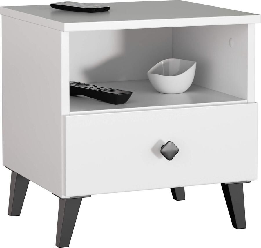 Akord MOBI K-01 Moderne Matwitte en Zwarte Kommode 40x43x37 cm Met Lade en Plank Eenvoudig Zelfmonteren