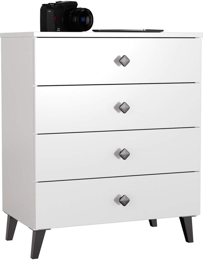 Akord Nachtkastje MOBI met 4 Lades Furniture Factory Wit met Zwarte Handgrepen 60 x 73 x 37 cm