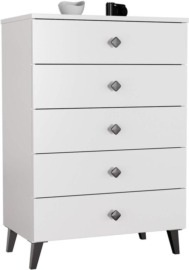 Akord Nachtkastje MOBI met 5 Lades Furniture Factory Wit met Zwarte Handgrepen 60 x 89 x 37 cm