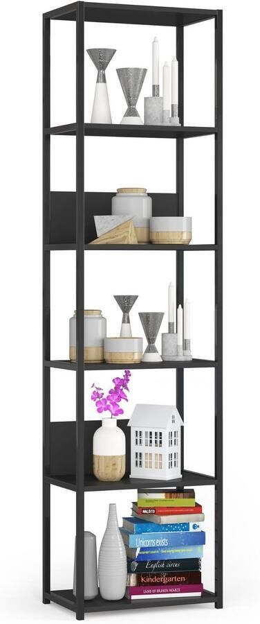 Akord Open Boekenkast Ladderkast Industrieel Design Vakkenkast met 6 Planken Opbergplank Boekenrek Opslagrek Zwart 50 x 192 x 32 cm